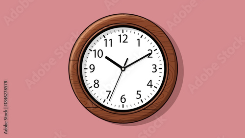 Round Wall Clock with Wooden Frame on Pink Background - Timekeeping Illustration
