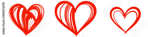 Collection of expressive hand drawn red heart shapes with sketch and brush strokes representing love romance and emotional connection isolated on white background.