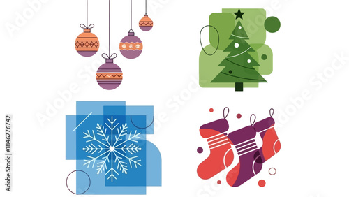Set of Four Minimalist Vector Illustrations Featuring Festive Christmas and Winter Elements