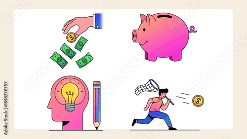 Set of Four Flat Vector Illustrations Showing Financial Concepts and Ideas