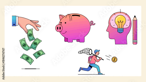 Saving Money, Ideas, Investment and Financial Growth Concept Illustrations