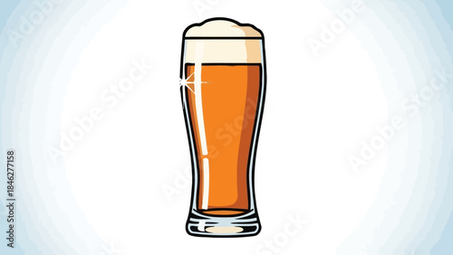 Tall glass of golden beer with frothy head, refreshing drink, studio illustration