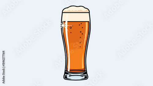 Refreshing Tall Glass of Golden Beer with Frothy Head and Bubbles Isolated