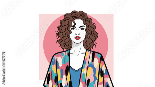 Stylish Woman with Curly Hair and Colorful Kimono Jacket, Front View, Pink Background Circle