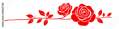 Red rose floral border with leaves isolated on white background representing love romance valentines day decoration