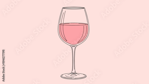 Elegant Glass of Pink Rosé Wine on Pale Pink Background, Minimalist Illustration