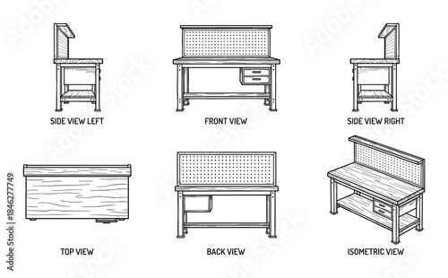 Workbench Technical Drawing with Front, Side, Top, Back, and Isometric Views on White Background