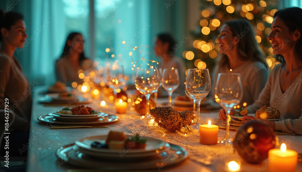 Naklejka premium People celebrate holiday dinner at home table with candles and glowing lights. Friends and family enjoy festive meal together in cozy warm atmosphere, share happy moments and conversation at evening.