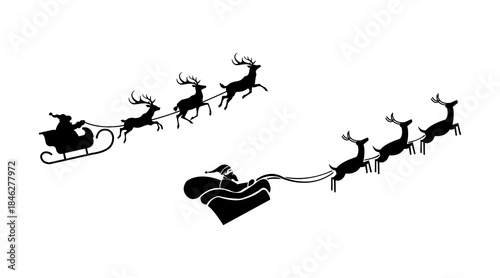 Santa claus sleigh and reindeer silhouette flying in the sky.