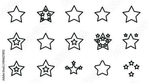 Collection of fifteen distinct black outline star icons showcasing various styles like filled inner stars and clustered shapes