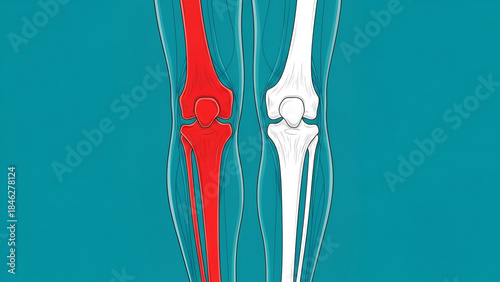 Two human legs with one knee highlighted red against a teal background bone anatomy