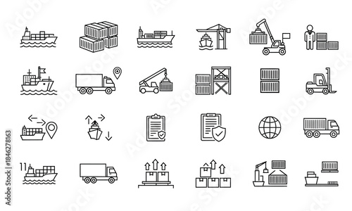 International trading icon pack collection set for export import of goods and services. With global trade, market exchange, trade route, international deal, currency swap, supply chain, logistics