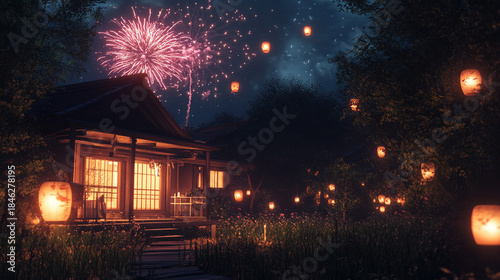 Lantern Festival Fireworks Display with a traditional house. Night scene of lanterns and fireworks illuminating the sky, ideal for festivals, celebrations, and cultural event promotions.