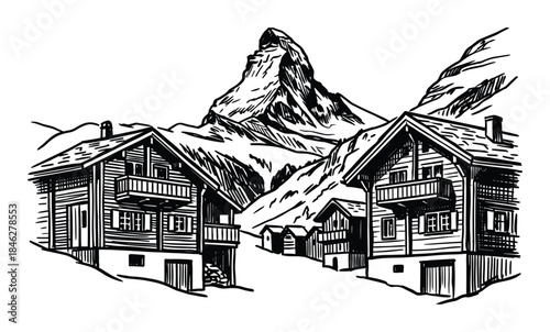 Zermatt Village with Matterhorn Mountain in Switzerland Line Art Illustration