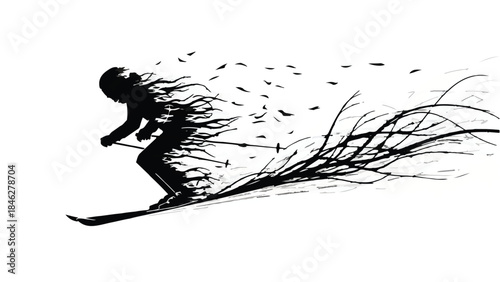 Silhouette of a skier dissolving into abstract brushstrokes and particles, conveying speed and freedom.