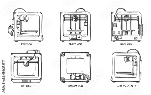 3D Printer Views Technical Drawing Side Front Back Top Bottom Perspective Sketch Illustration