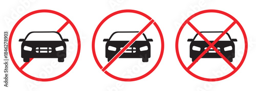 car, automobile, vehicle, traffic, road, sign, symbol, prohibition, restriction, no entry, forbidden.  no cars allowed signs silhouette. no parking prohibited sign on white background. 