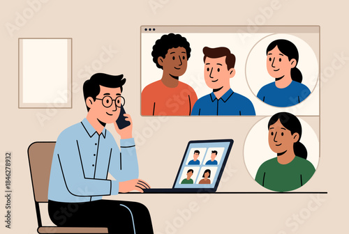 A man participating in multiple virtual meetings and phone calls from his home office.