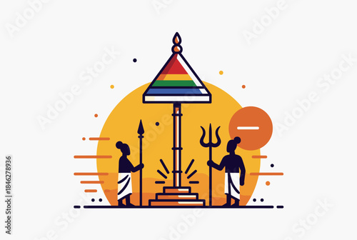 A vibrant vector illustration depicting a traditional celebration with a rainbow-colored canopy and figures in cultural attire, symbolizing unity.