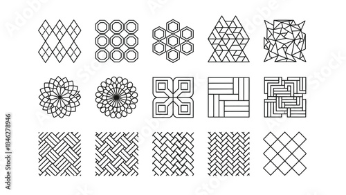 Collection of fifteen black and white geometric line art patterns perfect for tiling wallpaper or textile design elements