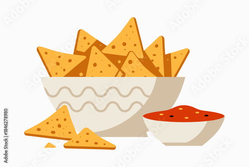 An appetizing vector illustration of a bowl of crunchy nachos alongside a dish of salsa, perfect for party and food-themed designs.