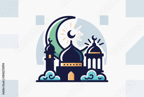 An elegant vector illustration depicting a mosque with a crescent moon, symbolizing spirituality and cultural heritage.