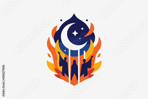 A creative design featuring fire, moon, and human figures, symbolizing power, transformation, and spiritual connection.
