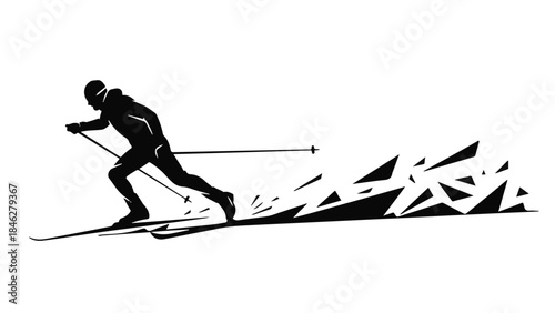 Dynamic silhouette of a skier propelling forward with abstract icy shards exploding behind