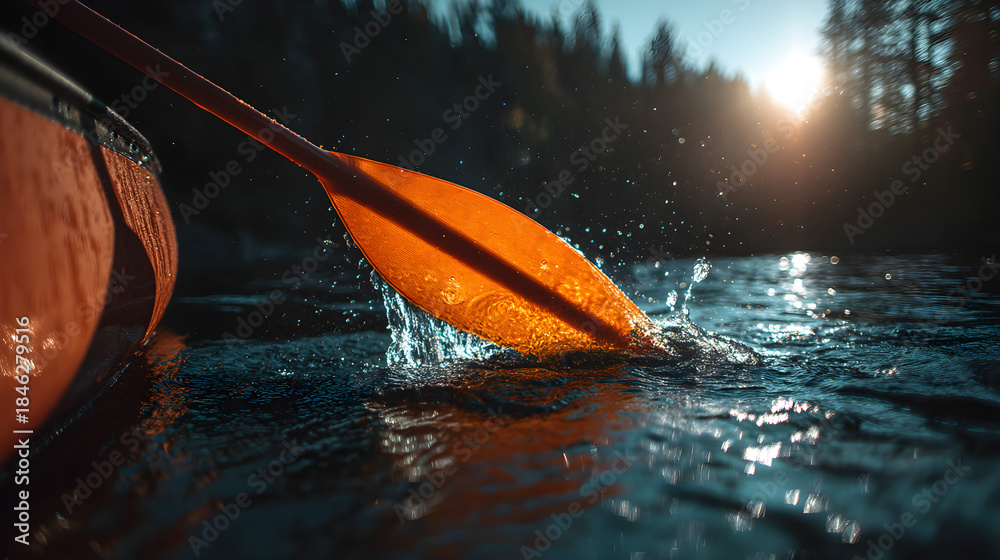 Fototapeta premium Paddle creating splashes in water during colorful sunset
