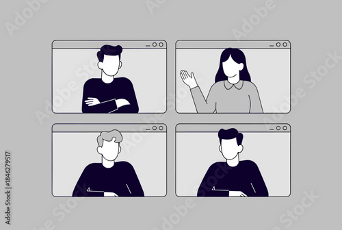 A minimalist illustration of four people participating in an online video conference call, displayed in separate web browser windows.