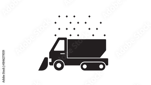 Black snowplow with scattered snowflakes minimalist icon on transparent background silhouette
