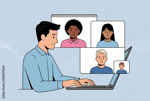 A man participating in a virtual video conference call with multiple colleagues on his laptop, working remotely.