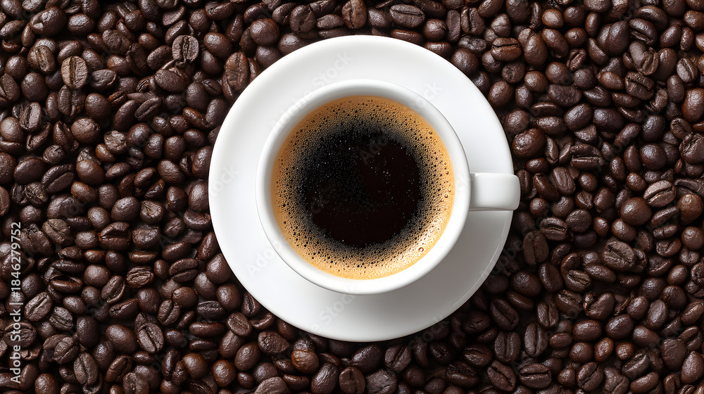 Fototapeta premium Freshly brewed coffee cup on roasted beans background