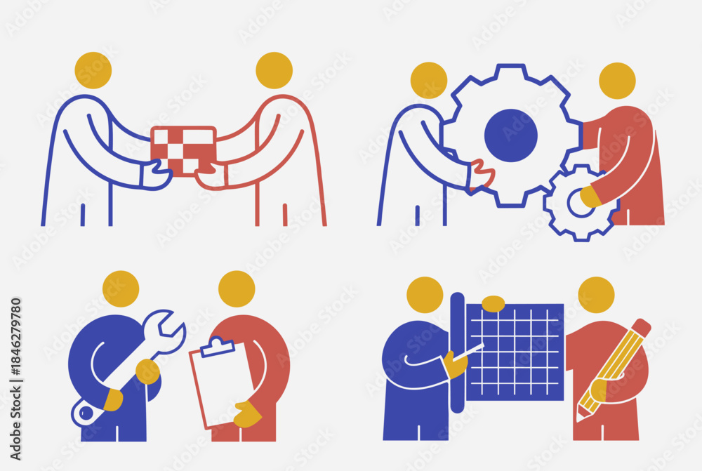 Fototapeta premium Illustrative icons depicting various business and industry collaborations, including exchange, engineering, maintenance, and design.