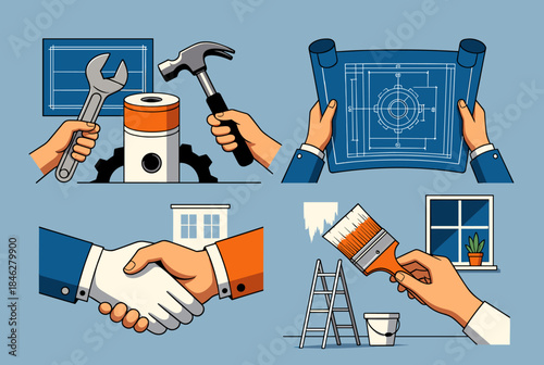An illustration depicting various construction tools like a hammer, wrench, and blueprint, symbolizing the construction and planning process.

