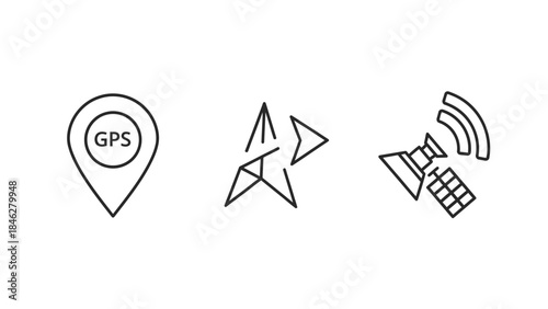 Set of three minimalist black line icons representing gps location tracking navigation and satellite signal transmission technology