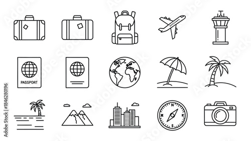 Collection of black line art travel and vacation icons representing global journeys luggage and tropical destinations