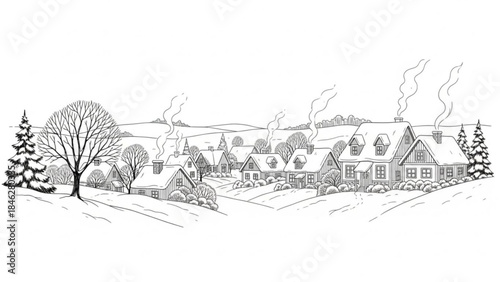 A serene winter village scene with snowcovered houses and trees on a hill