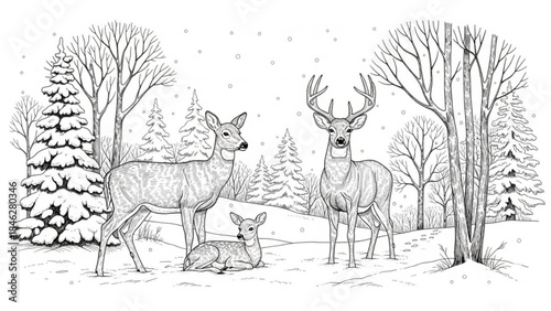 A serene winter scene with deer and trees in a snowy forest landscape
