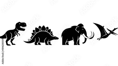 Minimalist Black Prehistoric Animal Vector Set with Four Extinct Creatures