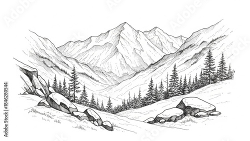 Black and white illustration of a mountain range with trees and rocks on a slope in the foreground