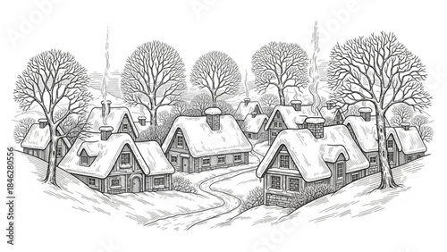 A serene winter village scene with snowcovered houses and trees on a quiet day