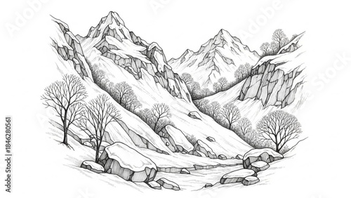 Black and white illustration of a snowy mountain landscape with trees and rocks