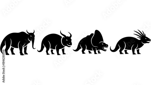 Minimalist Black Prehistoric Animal Vector Set with Four Extinct Creatures