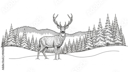 A large buck deer with antlers standing in a snowy forest landscape with trees and hills
