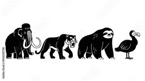 Minimalist Black Prehistoric Animal Vector Set with Four Extinct Creatures