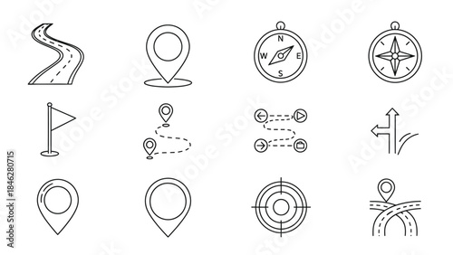 Collection of minimalist black line icons representing navigation mapping location tracking direction finding and route planning elements