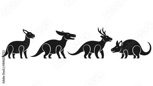 Minimalist Black Prehistoric Animal Vector Set with Four Extinct Creatures