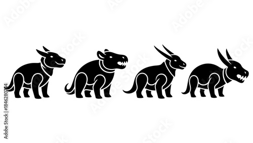 Minimalist Black Prehistoric Animal Vector Set with Four Extinct Creatures