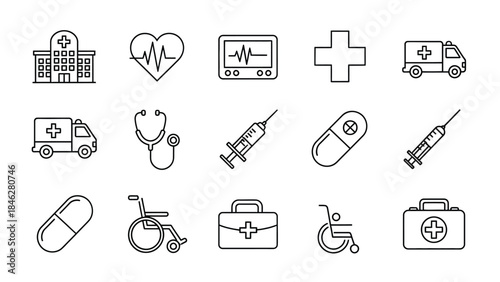 Collection of essential black line art icons representing hospital care medical equipment and emergency services for healthcare design